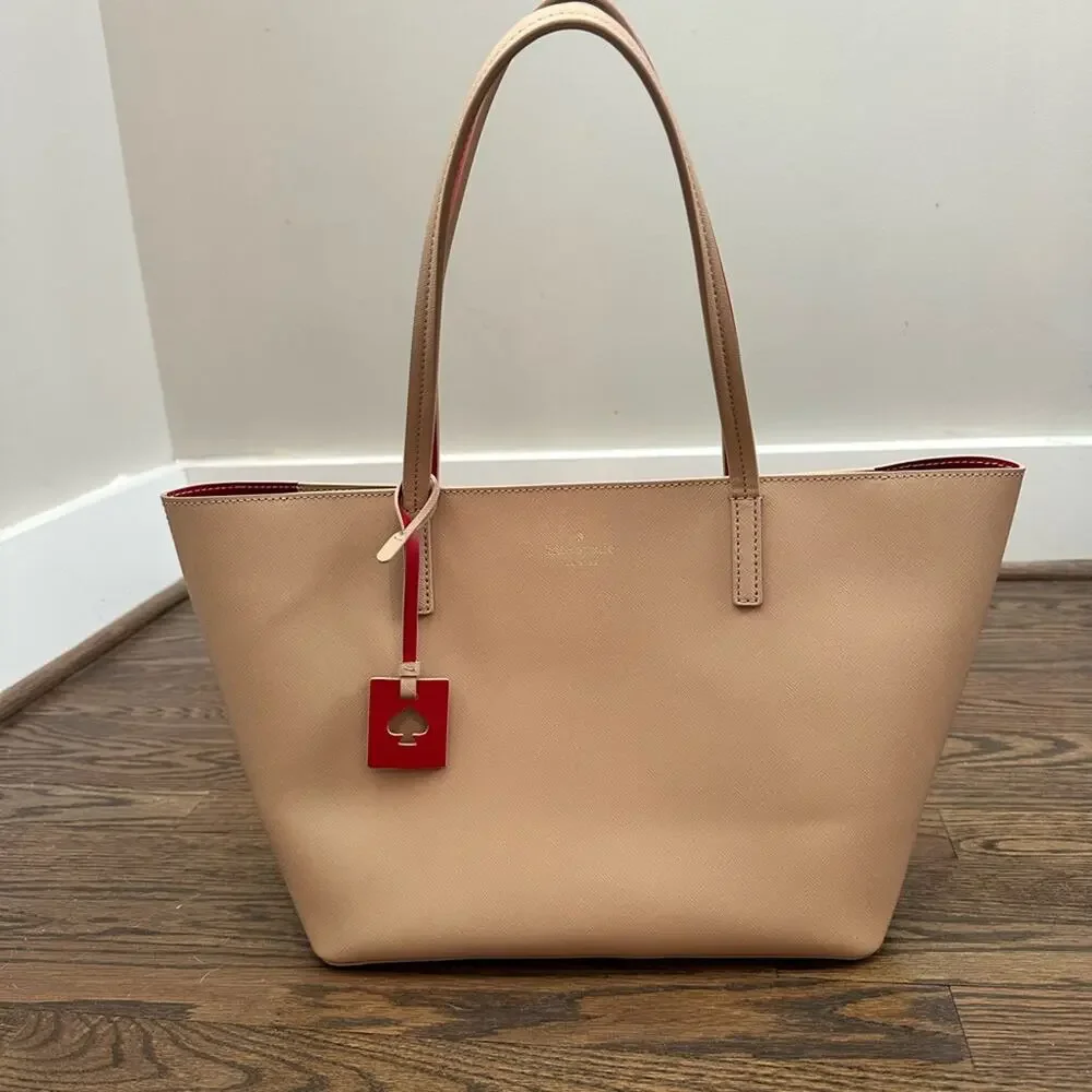Kate Spade Lida Scotts Place Cream Taupe Leather Tote Bag Red Interior